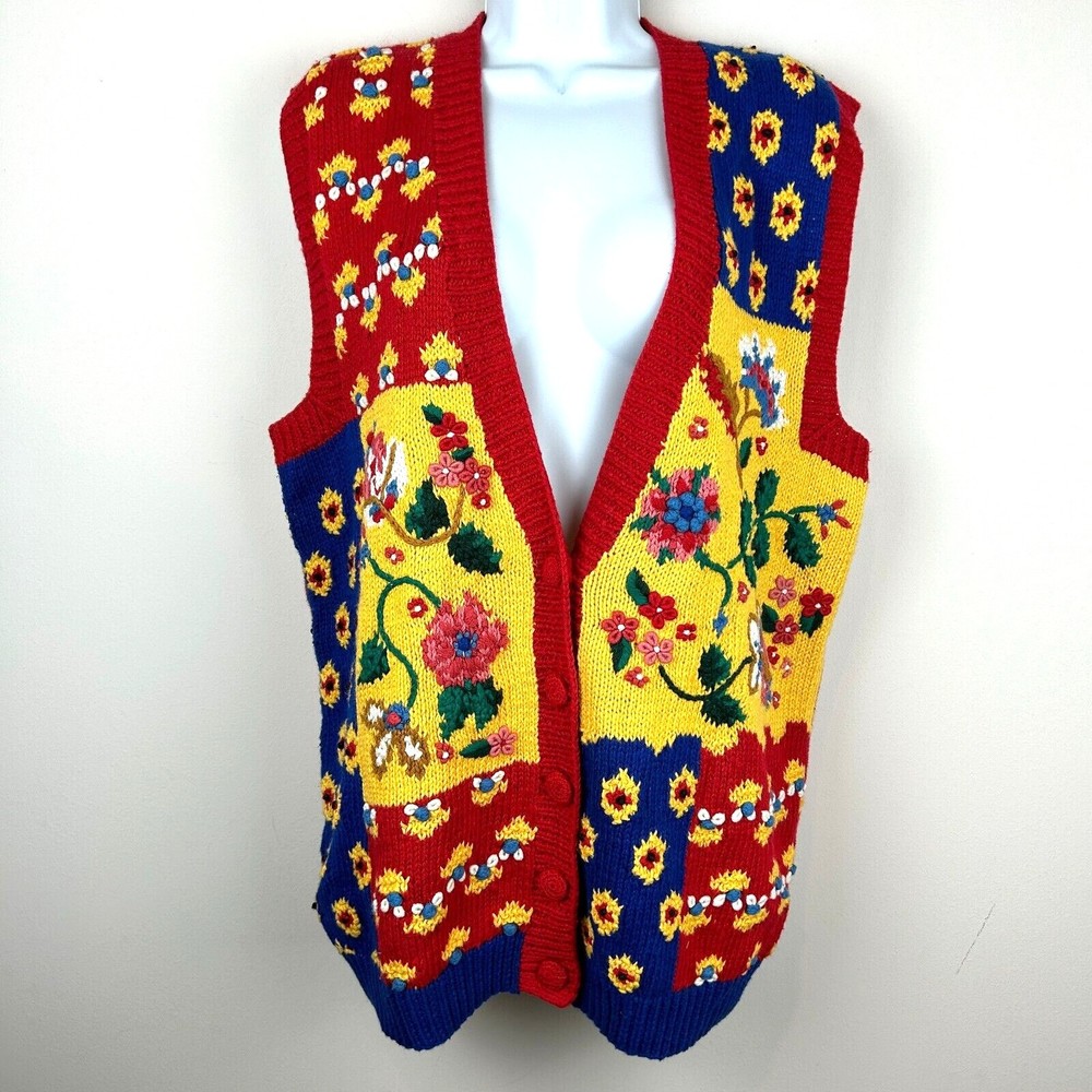 Marisa Christina Hand Knit Sweater Vest Red Flower Garden Vintage Size Medium